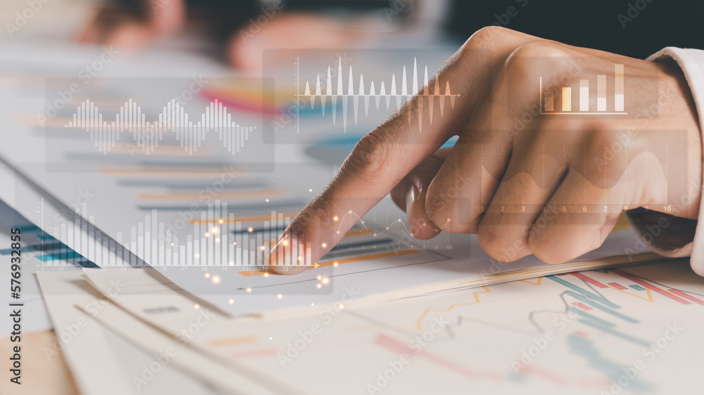 Poster businessman reading graph report and business statistics charts ,analysis and improvement of corpora