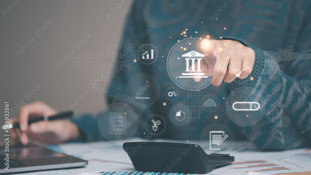 Poster Accountant calculating numbers in company financial documents with calculator ,Analysis of company financial data ,Planning to assess and review the budget ,concept of finance and investment