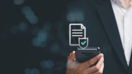 Businessman checking the steps through a virtual online document with a list of checkboxes Concepts of practices and policies, company articles of association Terms and Conditions ,check correctness