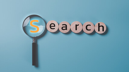 A magnifying glass is placed on a blue background ,keyword search ideas to find references...