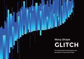 Intense poster card with wavy glitch vertical pixel data. A combination of blue and black that can be used as the main cover for a website or presentation.