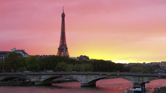 Colorful Sunset In Paris with the seine river in sight