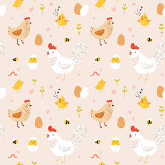 Seamless pattern with rooster, hen and chicks. Chicken with brood. Cute lovely family of domestic fowl or poultry birds. Childish flat cartoon vector illustration.