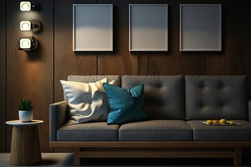 Copy space wall, plush sofa, lamplight lamp, tabletop decor, and a wooden panel in the background a staple of modern home interior design. Generative AI