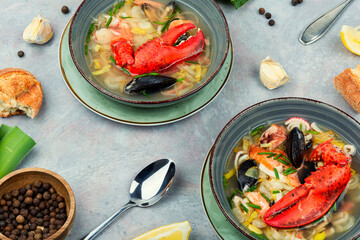 Cooked seafood soup on the table