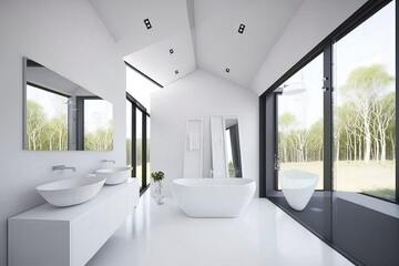Fototapeta na wymiar Stylish, bright, and contemporary bathroom design. Generative AI