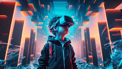 Digital cyber world kid and daughter portrait created using metaverse technology. Technology in schooling and virtual reality. Imaginative sci-fi setting; future way of living. Generative Ai.