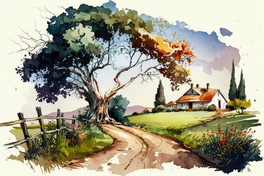 Watercolor painting of a rural landscape. Generative AI