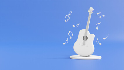 3D illustration of white acoustic guitar standing on podium with floating of music note. Empty space on left designed for text.