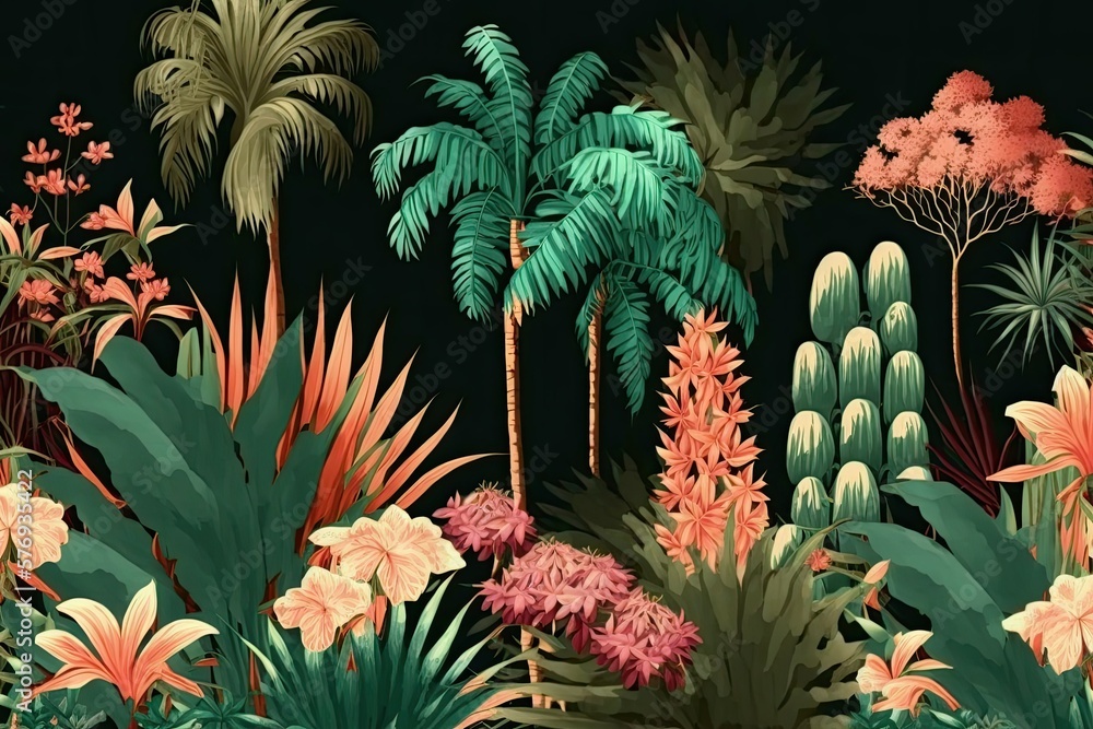 Poster there is a seamless pattern of palm trees. a pattern of watercolor flowers that repeats on the wallp