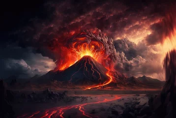 Fotobehang Infernal underworld of brimstone and fire, dramatic volcano eruptions, eternally burning magma, inferno of flowing lava rivers, searing hot apocalyptic wasteland hell, ash firestorms - generative ai  © SoulMyst
