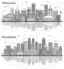 Outline Philadelphia Pennsylvania and Milwaukee Wisconsin City Skyline Set. - obrazy, fototapety, plakaty