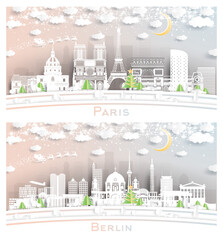 Berlin Germany and Paris France City Skyline Set in Paper Cut Style.