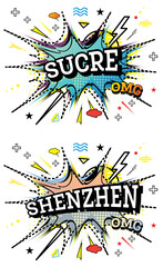 Shenzhen and Sucre Comic Text in Pop Art Style Isolated on White Background.
