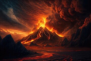 Infernal underworld of brimstone and fire, dramatic volcano eruptions, eternally burning magma, inferno of flowing lava rivers, searing hot apocalyptic wasteland hell, ash firestorms - generative ai  - obrazy, fototapety, plakaty