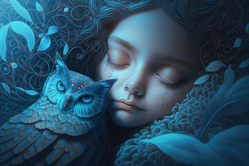 Sweet dreams in blue with  young girl and her owl asleep in fantasy blue surroundings with butterflies.  Generative AI.