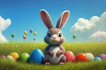 cute small Easter bunny smiling, sitting in a green field, behind colorful Easter eggs, with light blue sky and small clouds, generative ai