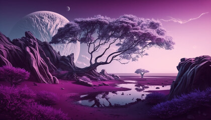 Obraz premium At night, the moon and stars light up the sky, casting trees and objects in silhouette against the dark background of space. If near water, the moonlight reflects beautifully