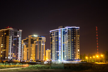 View of the new buildings of Obninsk at night, Russia
