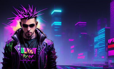 An abstract depiction of a handsome cyberpunk man with pink hair in a futuristic city. Generative AI