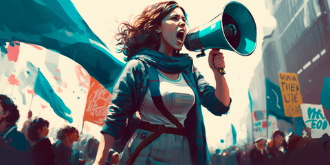 A woman standing up for her rights with a megaphone and protest Generative AI - obrazy, fototapety, plakaty