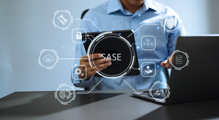 SASE Secure Access Service Edge concept Hand touching Secure Access Service Edge icon on virtual screen background, password, network, framework and support technology in office..