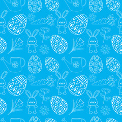 pattern image for happy easter holiday with elements of eggs, flowers, watering can, rabbit and carrot