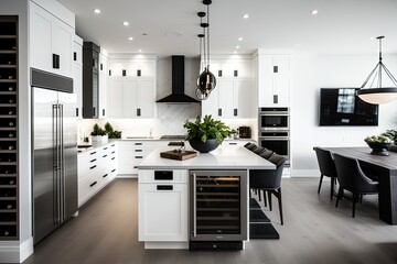 Large, modern white kitchen with an expansive island and top of the line appliances. Kitchen with a black leather chair, wine cooler, and a desk. Generative AI