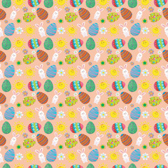 pattern image for happy easter holiday with elements of eggs, rabbit, flowers and sun