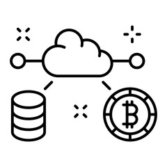 Cloud with bitcoin line icon. Piggy bank, savings, low interest loan, deposit, protection of financial arrays, security of banking data, insurance. Vector line icon on white background