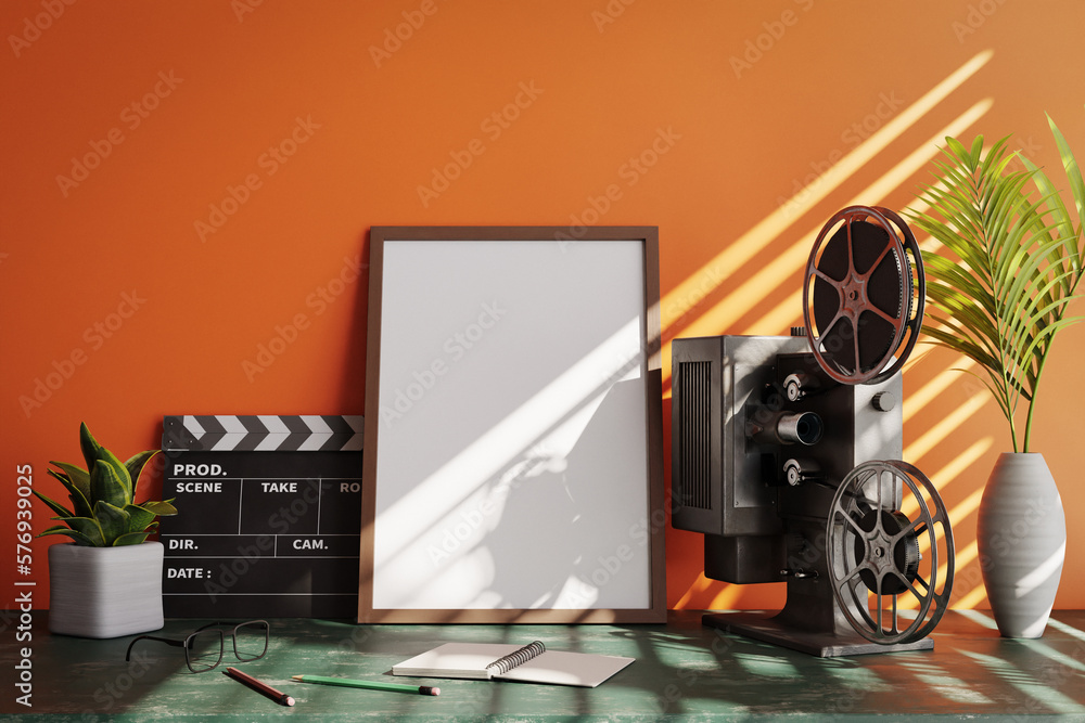 Aufkleber mockup of a poster frame with a movie projector and slate in front of an orange wall, 3d rendering