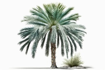 Obraz premium Photograph of a single Indian Wild Date palm tree against a white background (Sylvester Wild Date, Silver Date). Generative AI