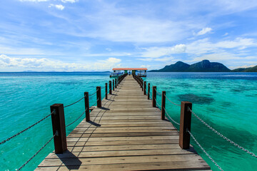 Corals reef and islands seen from the jetty of Bohey Dulang Island, Sabah, Malaysia.