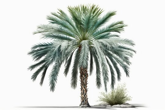 Photograph of a single Indian Wild Date palm tree against a white background (Sylvester Wild Date, Silver Date). Generative AI