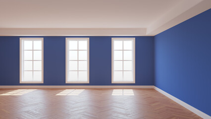 Dark Blue Room with a White Ceiling and Cornice, Glossy Herringbone Parquet Floor, Three Large Windows and a White Plinth. Sunny Beautiful Interior. 3D illustration, 8K Ultra HD, 7680x4320, 300 dpi