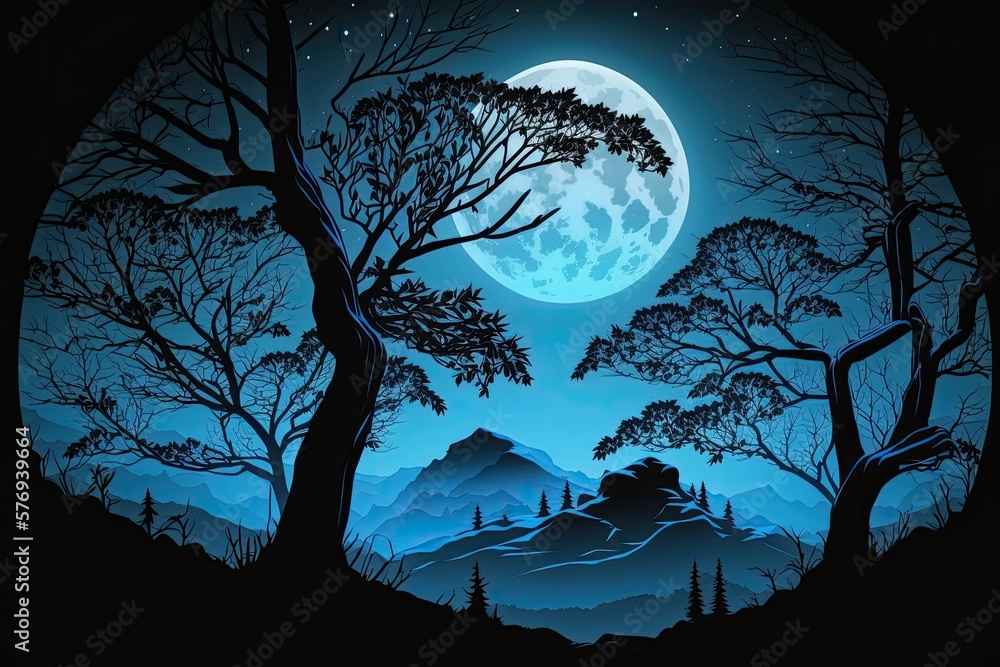 Poster Dark mountains and trees silhouetted against a full blue moon; a naturally eerie backdrop. Generative AI