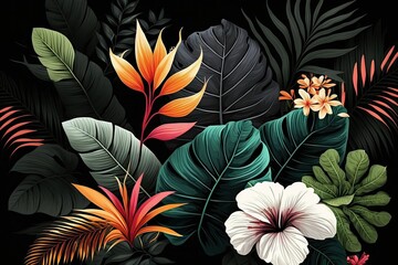 Beautiful, varied floral print that is all the rage right now. Wildly haphazard arrangements of tropical plant patterns. Fabric with a drawn pattern and a black backdrop. Generative AI