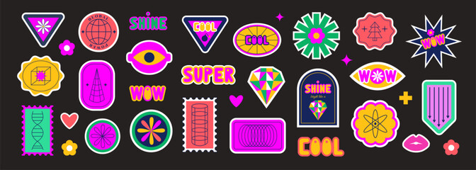 Set of retro futuristic stickers, labels, patches. 60s, 70s, 80s, 90s. Y2k. Bright vivid acid colors. Geometric abstract shapes.
