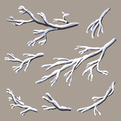 A set of snow-covered branches. Winter elements for the Christmas scene. Plants covered with frost in cartoon style. Vector flat illustration.