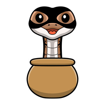 Cute ball python snake cartoon inside the sack