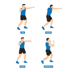 Fototapeta na wymiar Man doing boxing moves exercise. Jab Cross Hook and Uppercut movement. Shadow boxing. Flat vector illustration