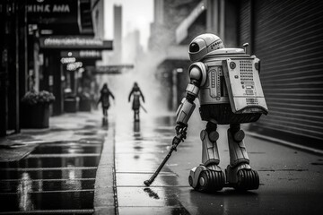 cleaning robot is cleaning the street on the street generative ai