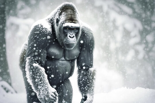 African gorilla outdoors in winter. Tropical monkey in snowfall cold season. Created by Generative AI