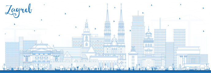 Outline Zagreb Croatia City Skyline with Blue Buildings. Vector Illustration. Zagreb Cityscape with Landmarks.