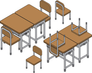 斜め向きの学校机　主線あり