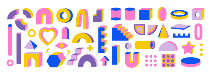 Set of simple and 3D vector geometric abstract shapes and figures with isometric views. Square, pyramid, cylinder, triangle, zigzag, dot. Futuristic bold and colorful isolated elements.