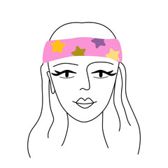 Hippie girl in bandana headband isolated on white background. 70s retro groovy revival. Line art. Retro positive vibes.
