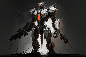 Giant pauldroned mech samurai fighter. Metal robot from the future, white and gray in tone with scratches. Battle of heavily armored robots from the future. Huge orange robot mech. using a black or ve