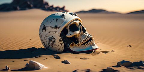 Obraz premium A skull in an astronaut’s helmet in the desert