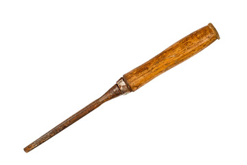 Chisel with wooden handle isolated on white background. Old rusty chisel close-up.